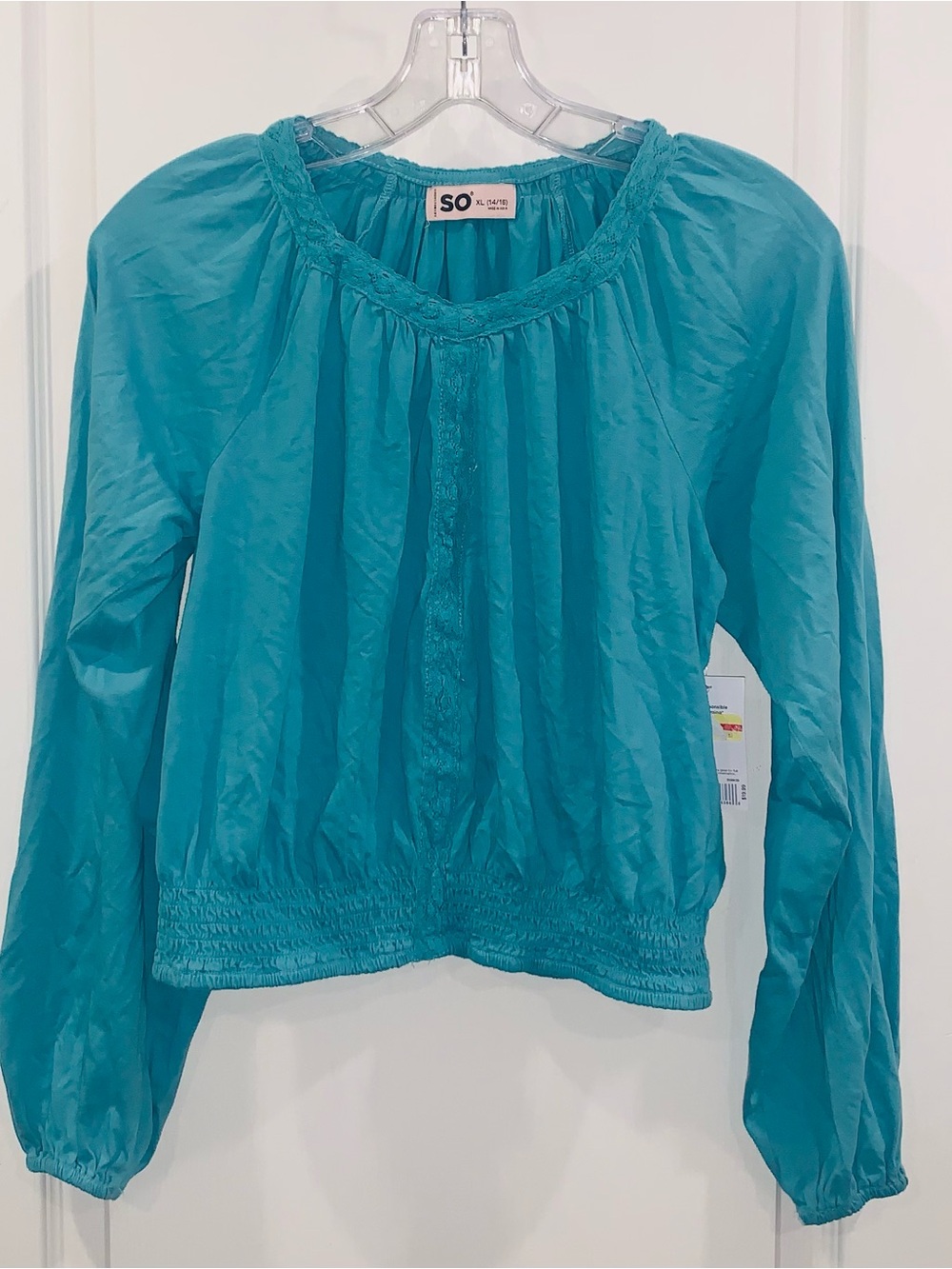 SO Teal Long-Sleeve Peasant Blouse with Smocked Hem